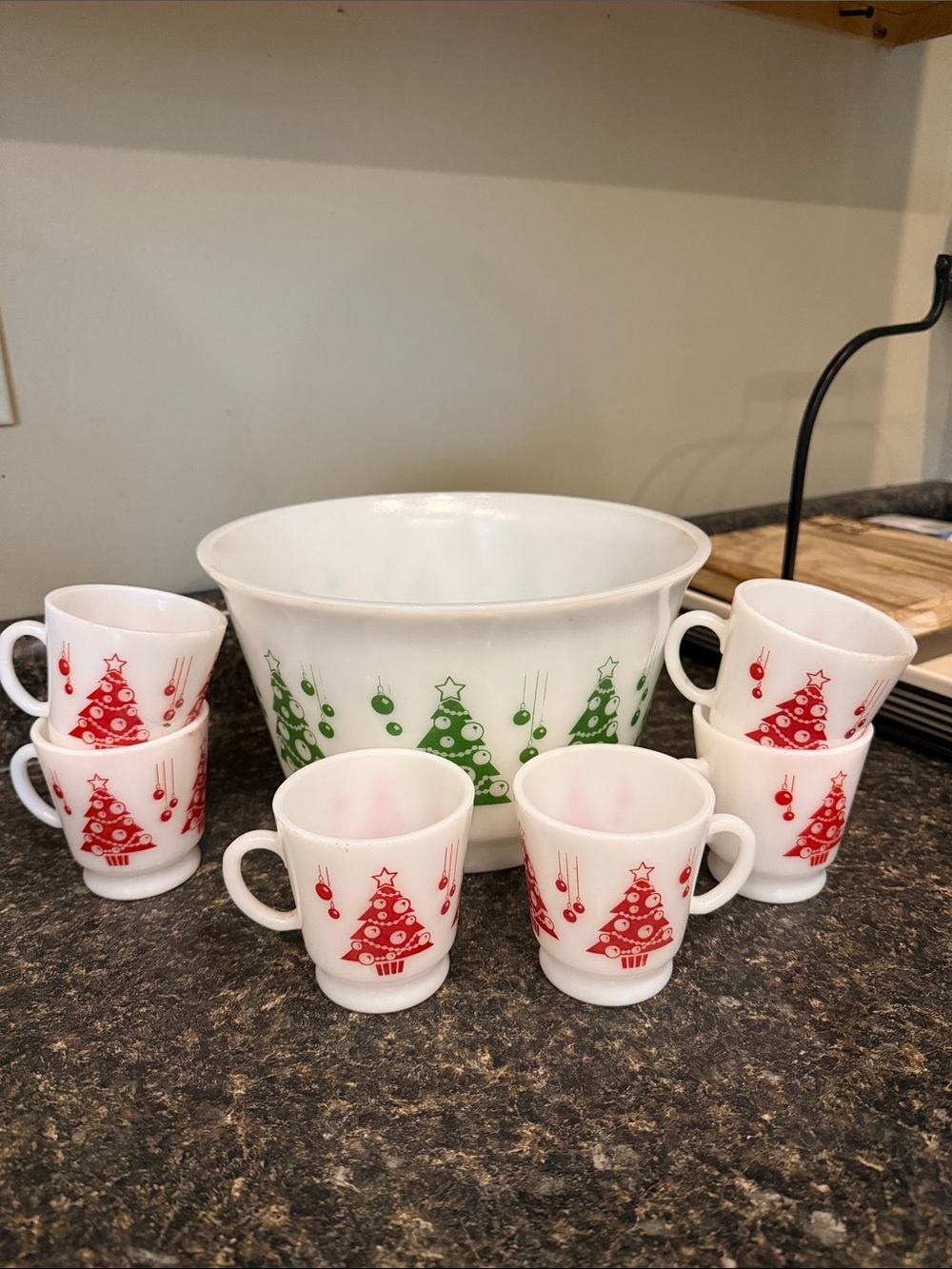 Hazel Atlas Holiday Punch Bowl Set Mugs Cups Milk Glass Christmas Tree MCM 50s